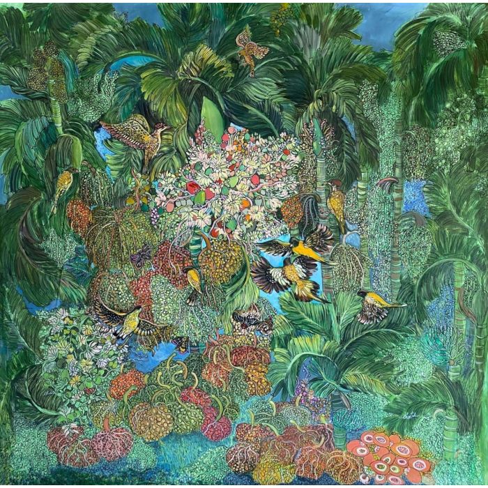  "Profusion" by Chaitali De Chanda is a bold and expressive acrylic painting symbolizing abundance and vitality. With vibrant green tones and a contemporary art style