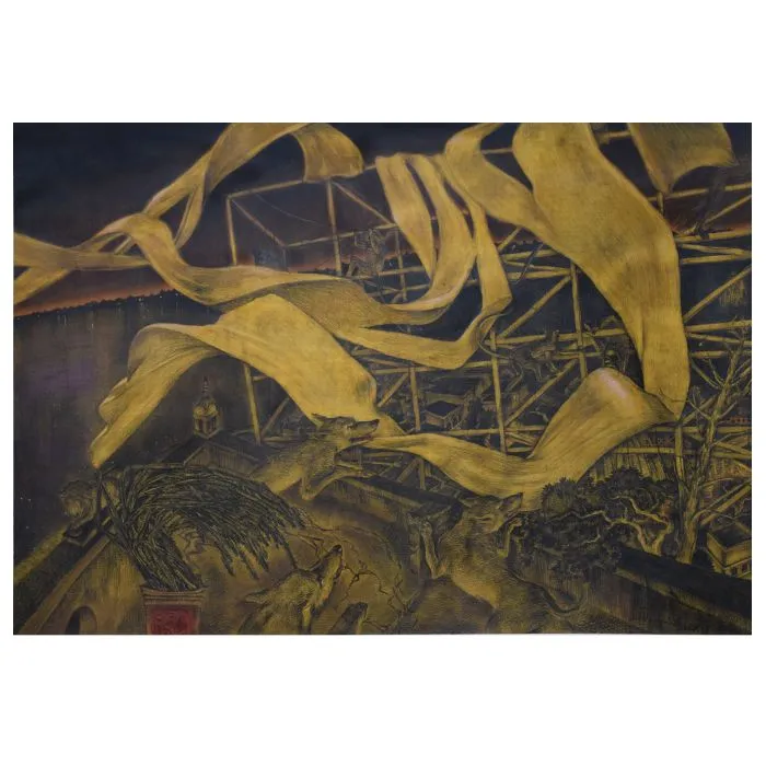 Banaras Platform No. 9 by David Malaker, mix media on paper, landscape, sea and sky