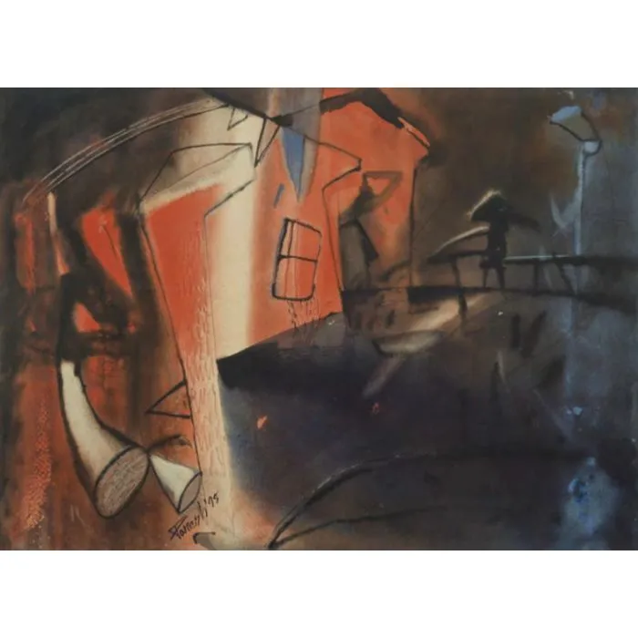 Landscape in Red by Paresh Maity, watercolour, landscape, sea and sky
