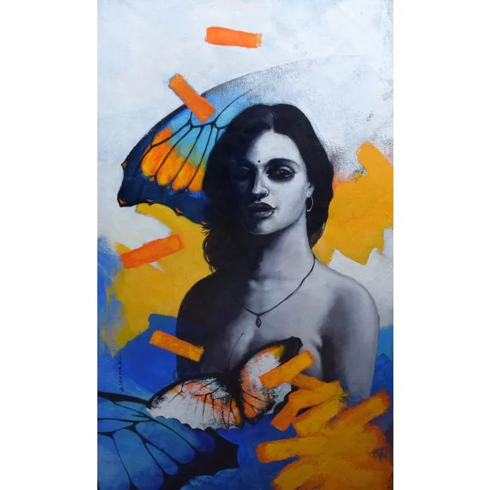 Flight of Beauty by Kishore Pratim Biswas, acrylic on canvas, nude