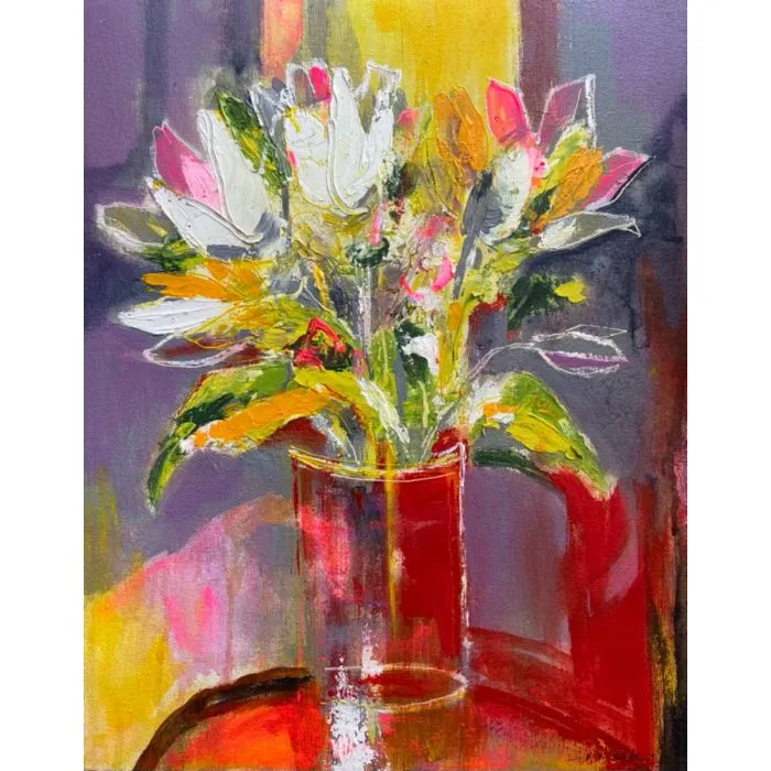 Still Life with Tulips by Vinayak Pasricha, acrylic on canvas, flower