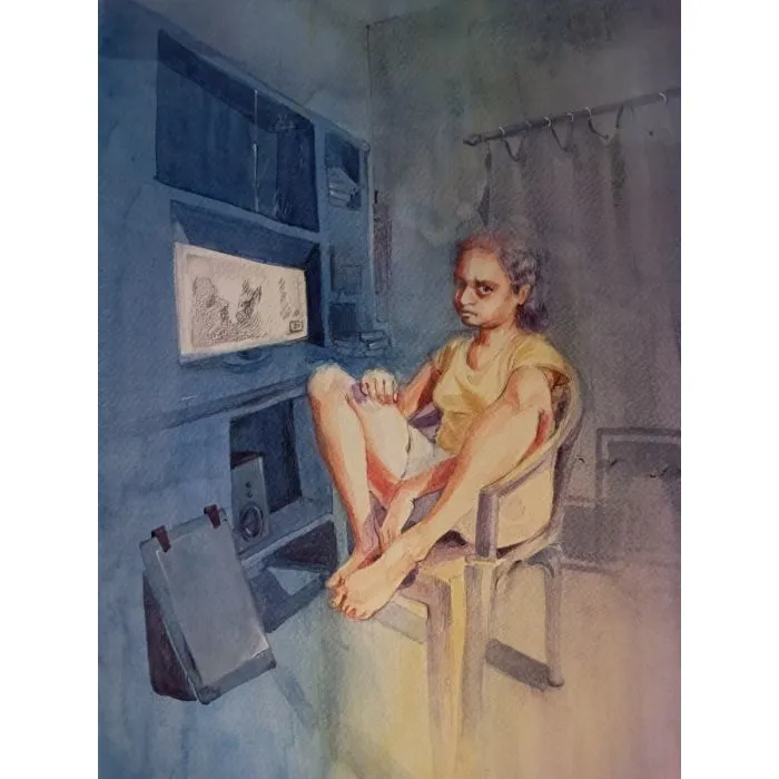 Tuned by Ritwika Ganguly, watercolour on handmade paper, people and portraits