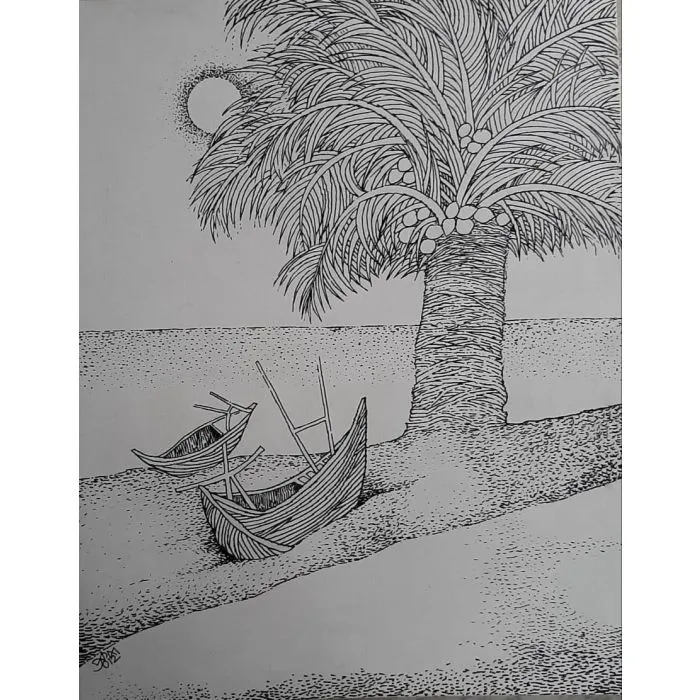 By the Shore by Prokash Karmakar, marker on canvas, landscape, sea and sky
