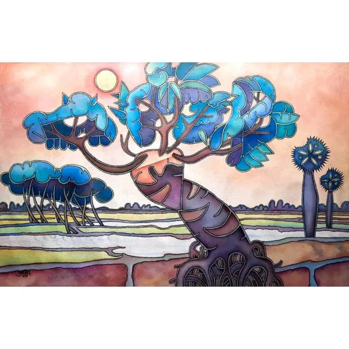 Trees by Prokash Karmakar, acrylic on canvas, landscape, sea and sky