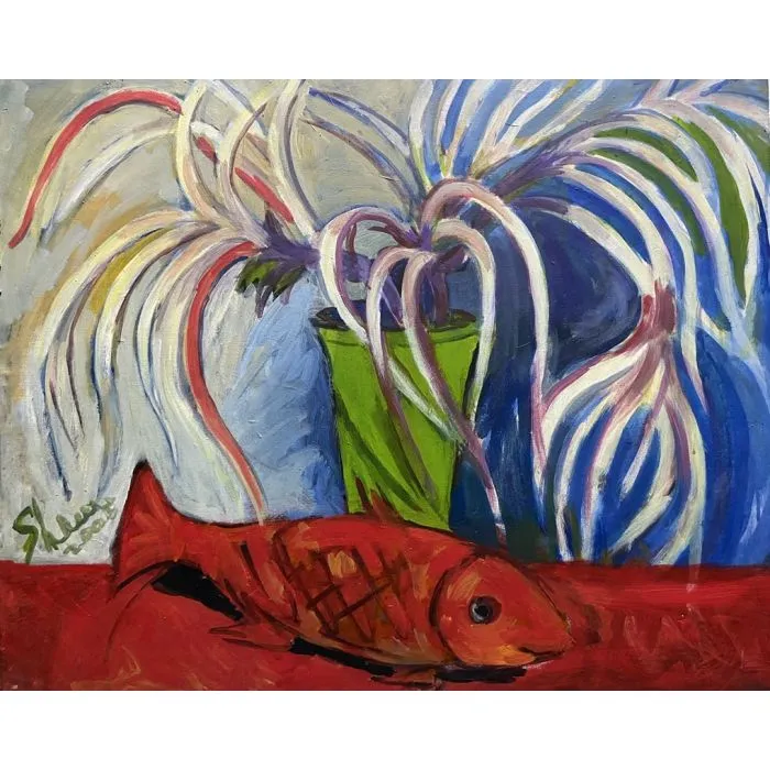 Still Life with Fish & Flowers by Shanu Lahiri, acrylic on canvas, still life