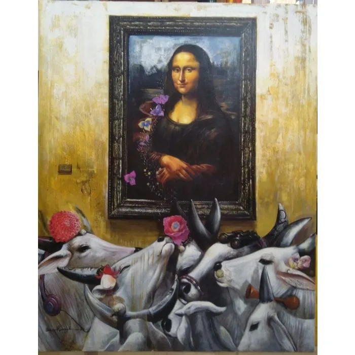 Quality time with Monalisa by Jiban Biswas, acrylic on canvas, animal