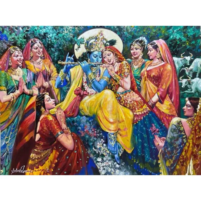 Krishna & his Gopis by Subrata Gangopadhyay, acrylic on canvas, religious