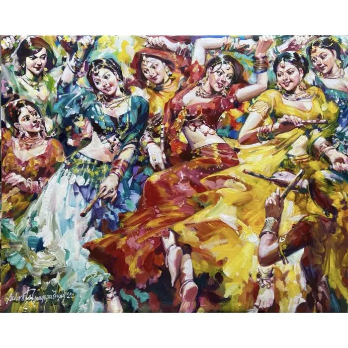 Dandia Rasa by Subrata Gangopadhyay, acrylic on canvas, people and portraits