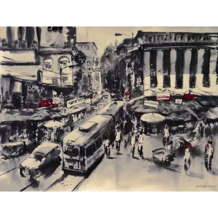 Calcutta In The Seventies by Biplab Dalai, water color and ink on paper, architecture and cityscapes