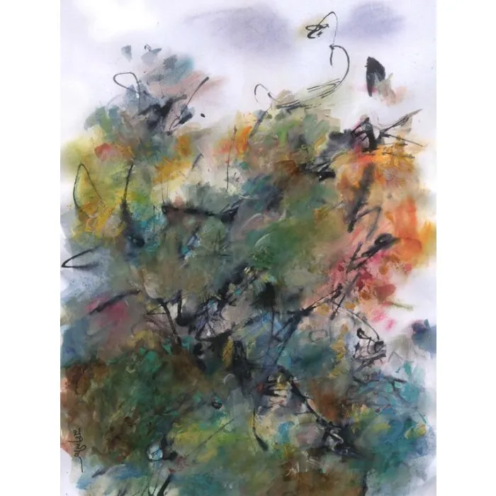 Flowers Under The Violet Sky by Subhashis Ghosh, mix media on paper, flower