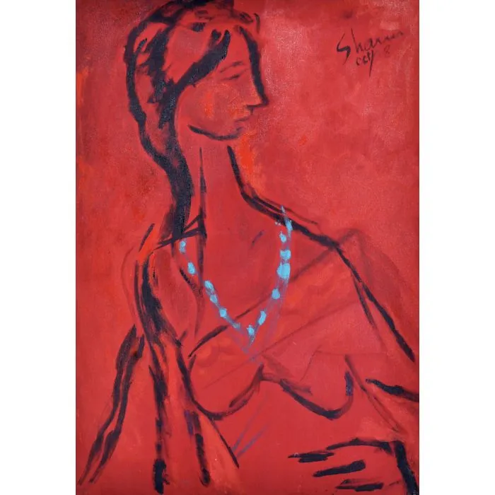 Lady in Red by Shanu Lahiri, acrylic on canvas, people and portraits