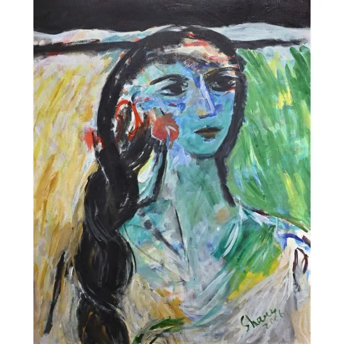 Woman with Flowers by Shanu Lahiri, acrylic on canvas, people and portraits