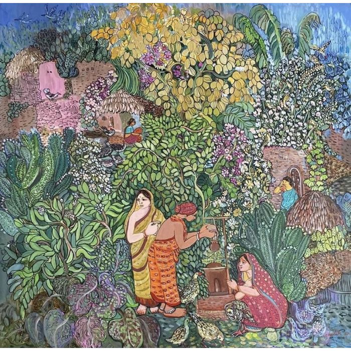 Village Life by Chaitali De Chanda, acrylic on canvas, people and portraits