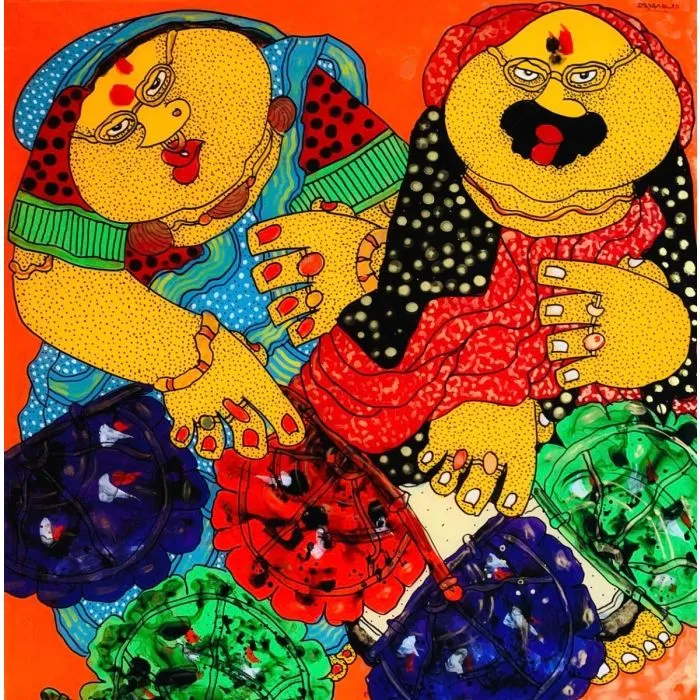 Babu and Bibi Buying Fans by Shyamal Mukherjee, acrylic on acrylic sheet, people and portraits