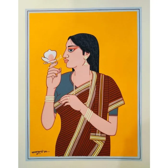 Bibi in saree by Lalu Prasad Shaw, tempera on board, people and portraits