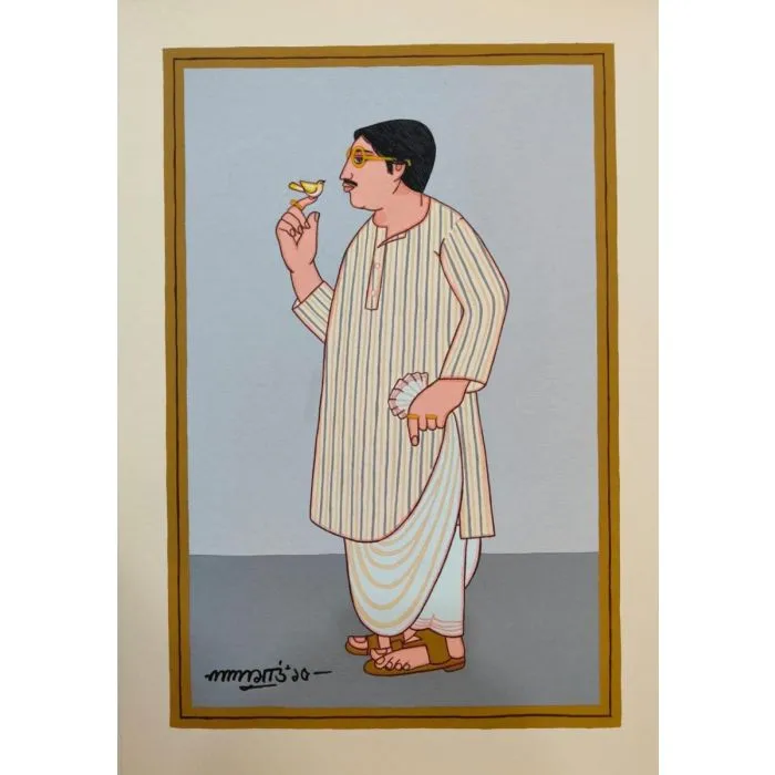 Babu with bird by Lalu Prasad Shaw, tempera on board, people and portraits