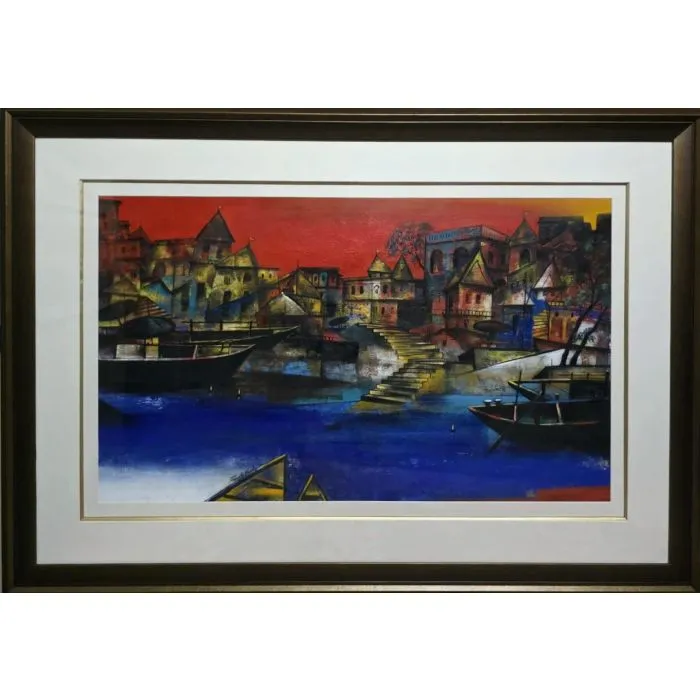 Banaras ghat by Paresh Maity, mix media on board, landscape, sea and sky