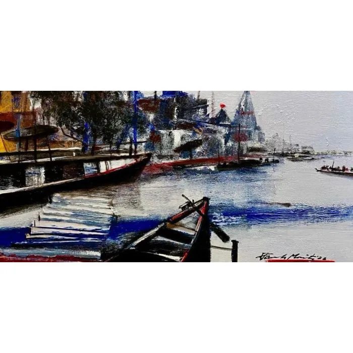 The River Bank by Paresh Maity, acrylic and oil on canvas, landscape, sea and sky