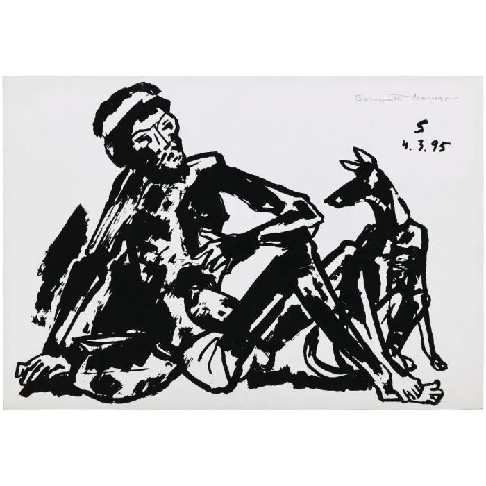 Man and Dog by Somnath Hore, serigraph on paper, still life