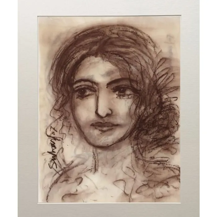 Woman with hair curl by Suhas Roy, conte on paper, girl
