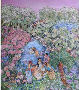  "Fisher Woman" by Chaitali De Chanda captures the essence of Bengal's rural life, illustrating women fishing in a river at dawn. 