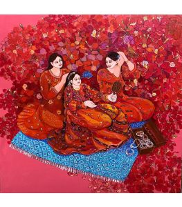 "Soiree" is a vibrant acrylic painting on canvas by Chaitali De Chanda, showcasing three women in red. This bold contemporary piece is perfect for collectors.