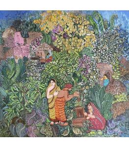  "Village Life" (2022) by Chaitali De Chanda captures the essence of Bengal's rural charm, depicting women engaged in daily village activities. The vibrant acrylic strokes bring life to this traditional yet contemporary piece, making it a perfect addition