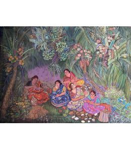 "Preparations" by Chaitali De Chanda captures a serene moment of Bengali village life. Women gather coconuts under lush palm trees, radiating warmth and harmony. A striking contemporary artwork that blends color, tradition, and storytelling.