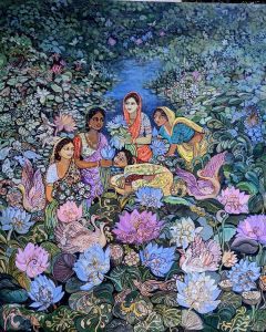  "New Morning" by Chaitali De Chanda is a serene acrylic painting on canvas featuring a woman sitting and picking flowers. A beautiful blend of modern and Bengal art with art deco influences. Available for purchase on Artshoppy.