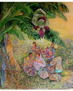 "Friends" by Chaitali De Chanda captures the essence of rural Bengal through a contemporary lens. This acrylic painting portrays a group of women in a farm, highlighting their bond and everyday life. A perfect addition to any art collection.