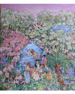  "Fisher Woman" by Chaitali De Chanda captures the essence of Bengal's rural life, illustrating women fishing in a river at dawn. 