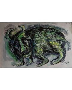 Beast by Rabin Mondal (1988) is a rare vintage Indian painting in mixed media on paper, blending bold strokes with Bengal's contemporary art style. Featuring a mythical ox-bull creature in striking green hues, this piece is a unique fusion of Indian mytho