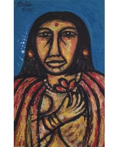 "Lady with a Flower" (2015) by Rabin Mandal is a vintage-style acrylic painting on paper, portraying a married Bengali woman holding a flower. Inspired by tribal and village life, this rare artwork beautifully blends tradition with expressive strokes. Ava