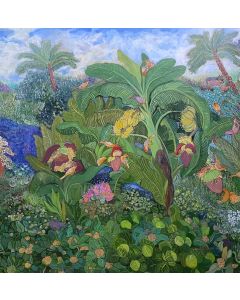  "Banana Groves" by Chaitali De Chanda brings the lush beauty of Bengal’s tropical landscapes to life. The artwork, rich in color and expression, makes for a captivating statement piece in any space.