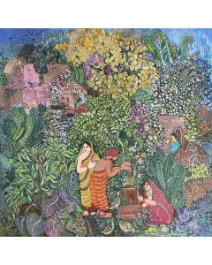  "Village Life" (2022) by Chaitali De Chanda captures the essence of Bengal's rural charm, depicting women engaged in daily village activities. The vibrant acrylic strokes bring life to this traditional yet contemporary piece, making it a perfect addition