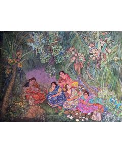 "Preparations" by Chaitali De Chanda captures a serene moment of Bengali village life. Women gather coconuts under lush palm trees, radiating warmth and harmony. A striking contemporary artwork that blends color, tradition, and storytelling.