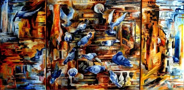 Pigeons by Raka Panda, oil on canvas, architecture and cityscapes