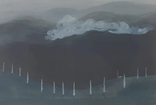 Hillscape by Tumpa Chowdhury, gouache on paper, landscape, sea and sky