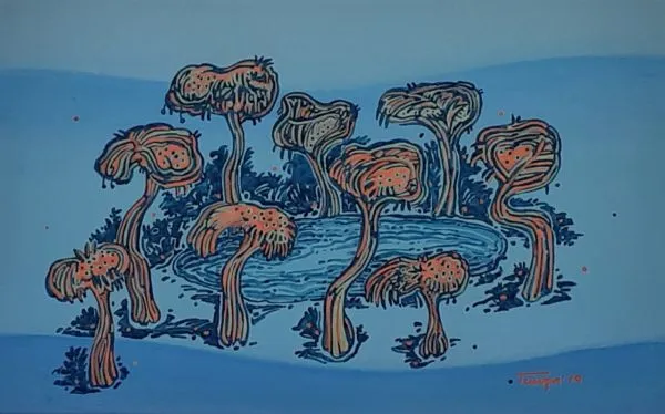 Composition by Tumpa Chowdhury, tempera on paper, landscape, sea and sky