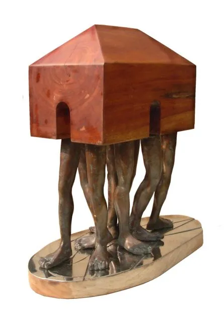 Homeless by Rakesh Sadhak, bronze and wood, people and portraits