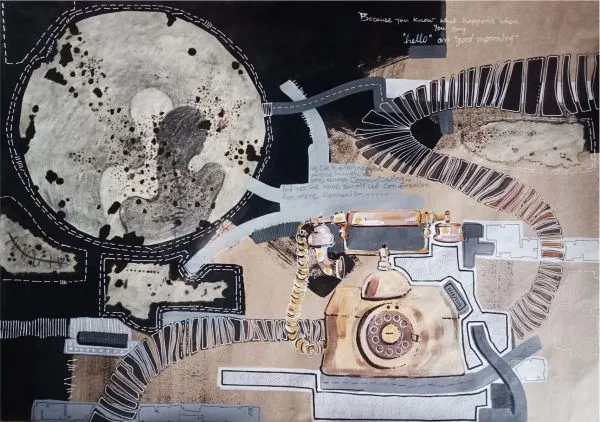 Delusion by Arup Naskar, mix media on paper, transportation and map