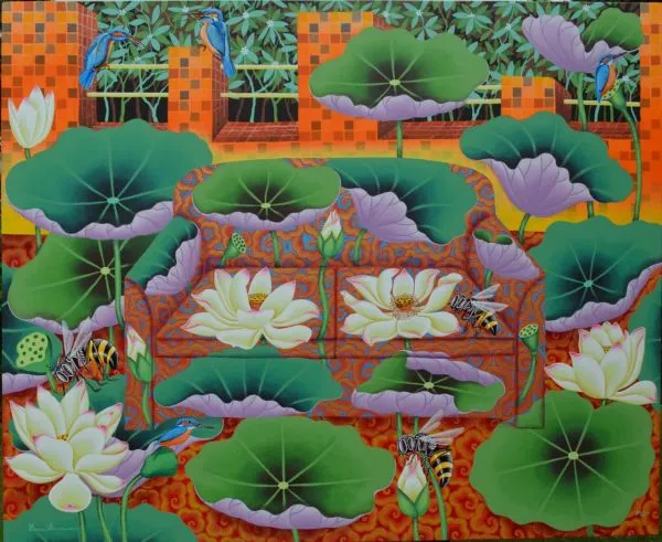 Lotus Pond by Ramu Das, acrylic on canvas, flower