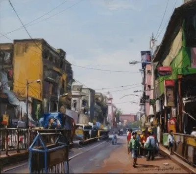 View of the City by Dhananjoy Ghosh, oil on canvas, architecture and cityscapes