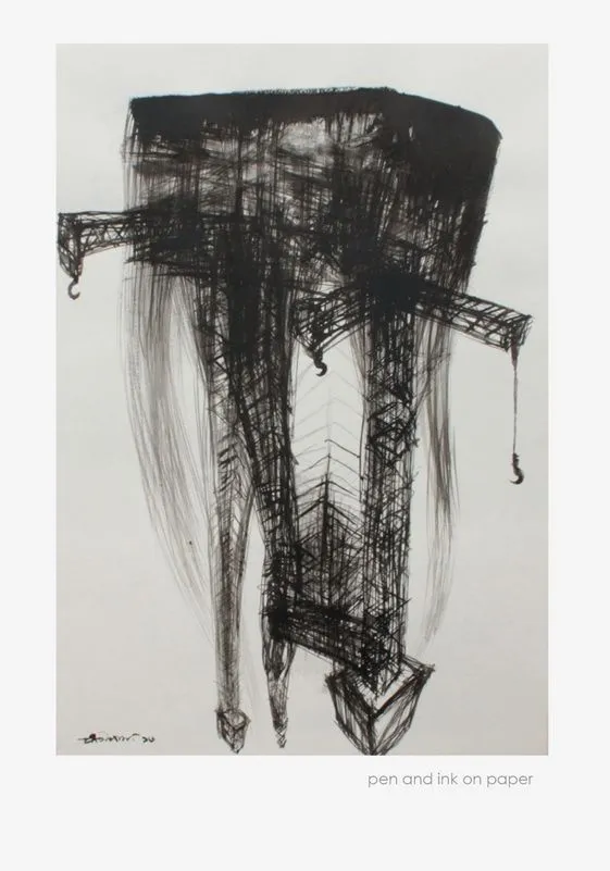 Construction by Pritam Das, pen and ink on paper, architecture and cityscapes