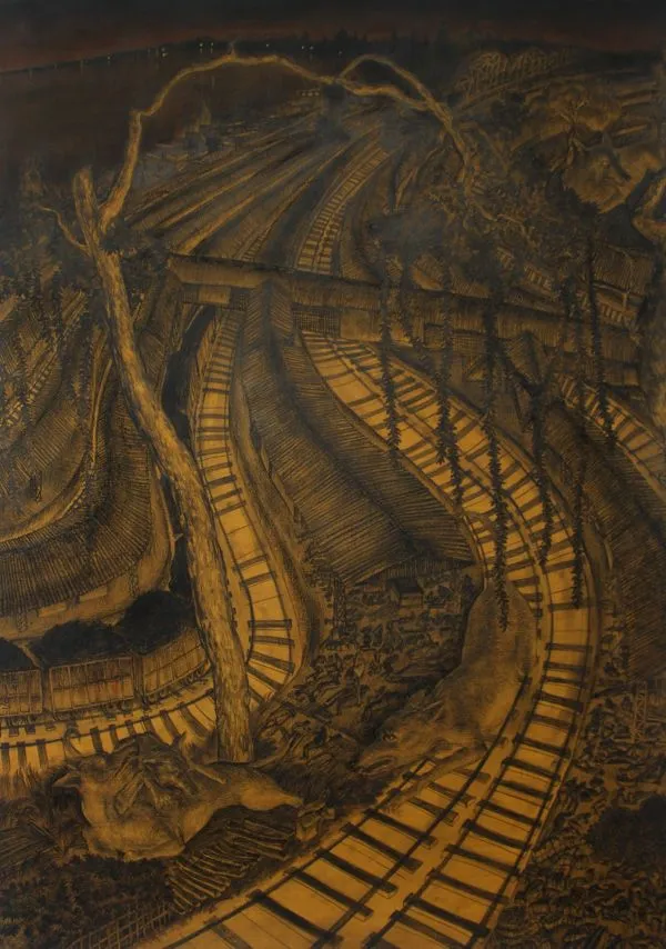 Banaras by David Malaker, mix media on paper, landscape, sea and sky