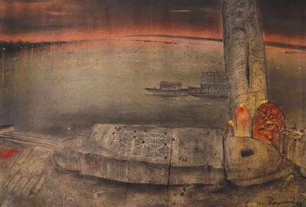 Kashi by David Malaker, mix media on paper, landscape, sea and sky