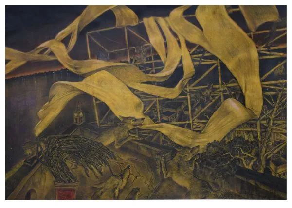 Banaras Platform No. 9 by David Malaker, mix media on paper, landscape, sea and sky