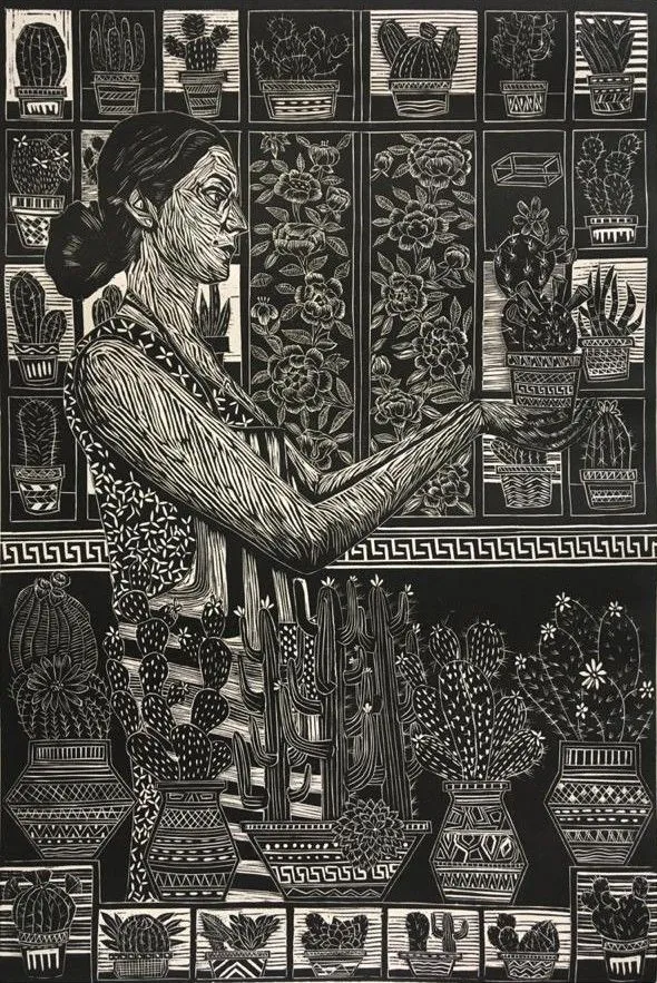 Tending to Her Plants by Chhering Negi, woodcut on paper, people and portraits