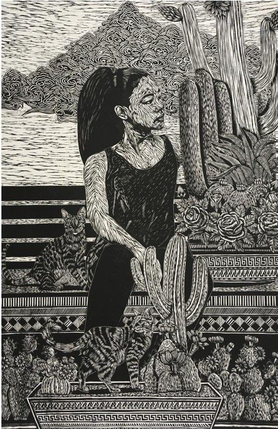 Tomorrow is a Long Time by Chhering Negi, woodcut on paper, people and portraits