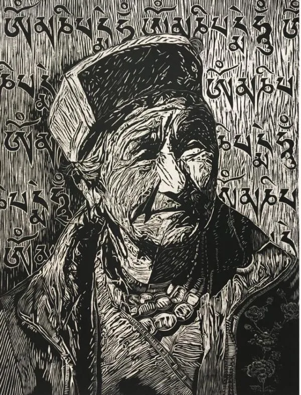 Portrait of Grandma by Chhering Negi, woodcut on paper, people and portraits